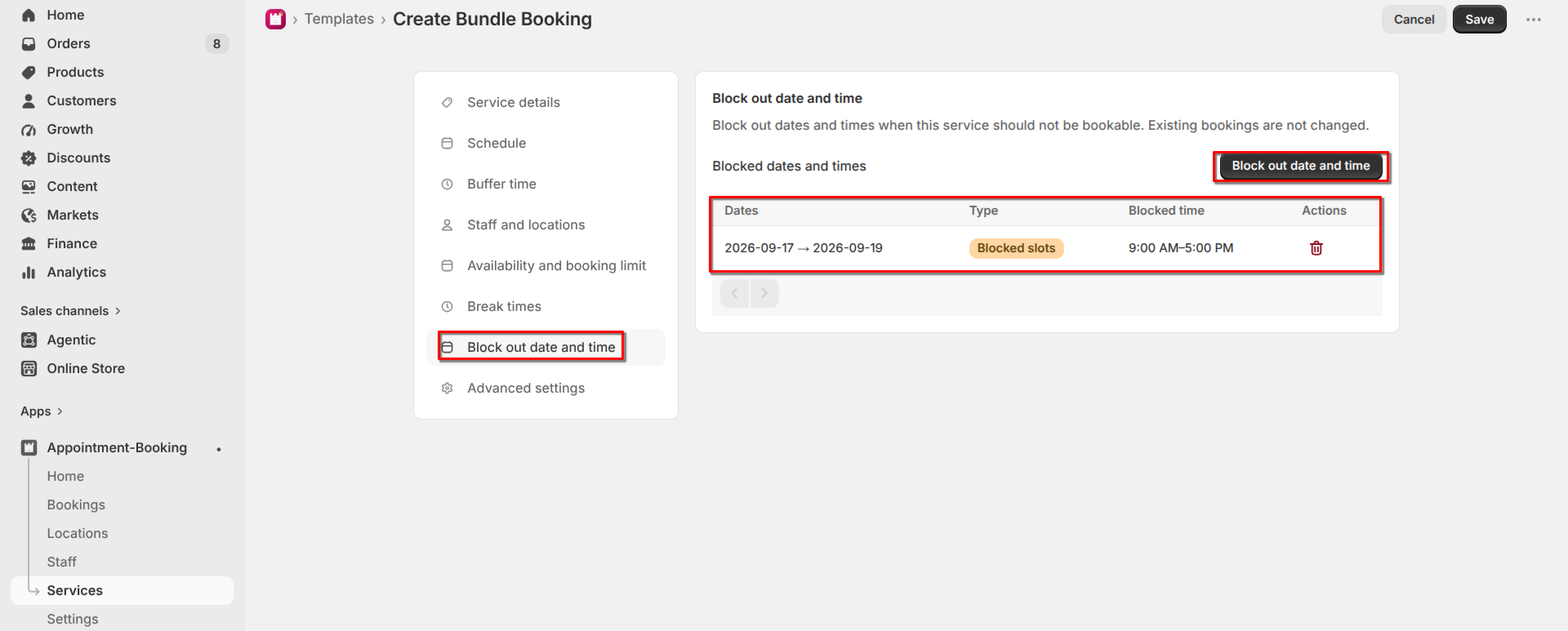 Blocked dates and times list showing an entry from 2026-09-17 to 2026-09-19, type Blocked slots, blocked time 9:00 AM to 5:00 PM